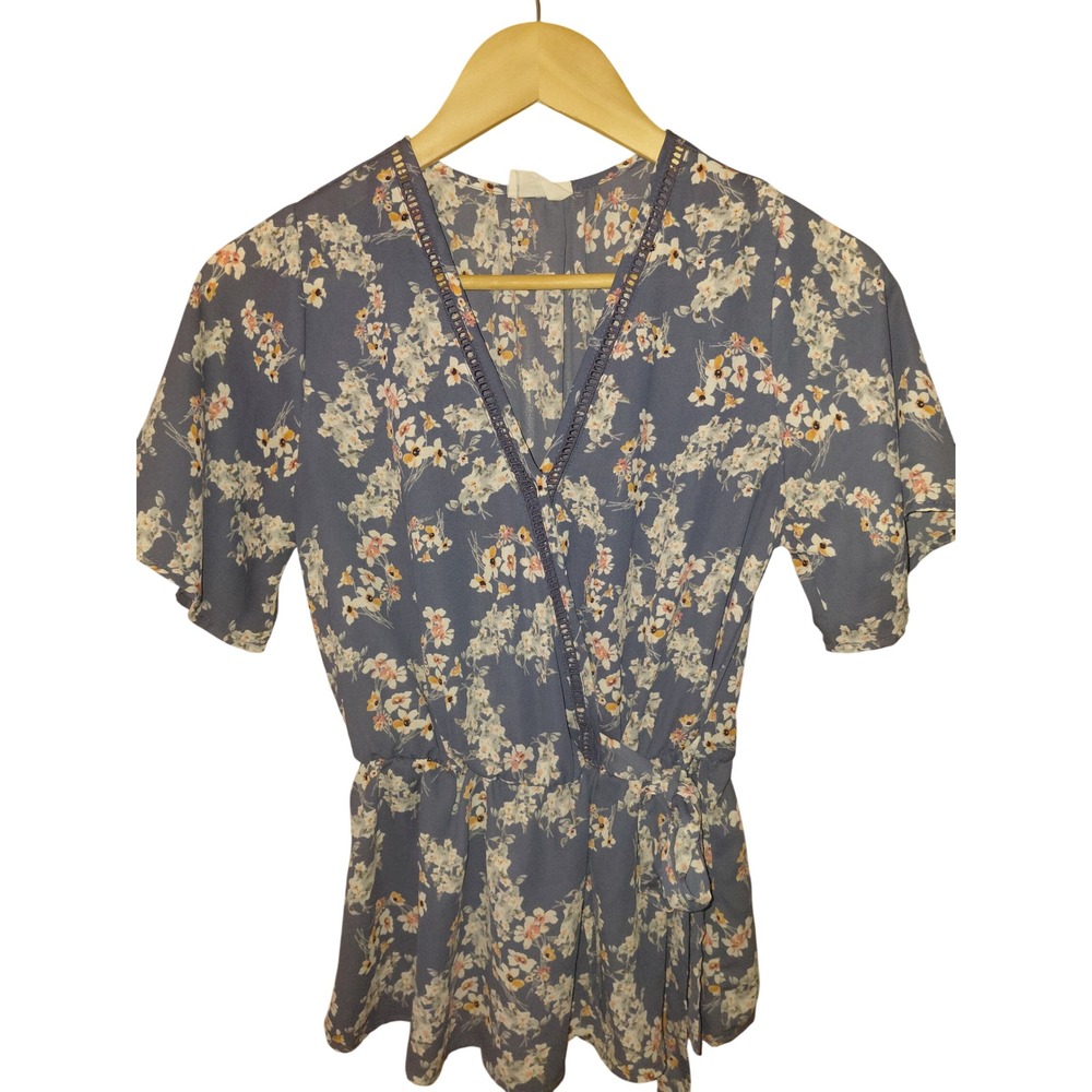 Sienna Sky Womens Small Blue Floral Wrap Peplum Blouse Crochet Trim V-Neck Top